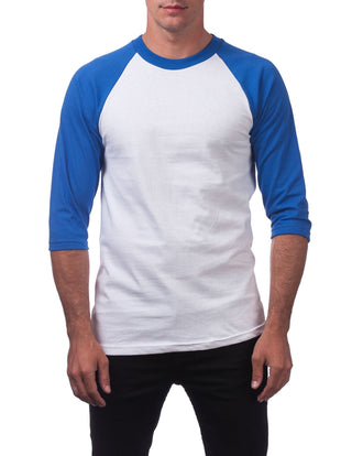Buy royal-blue-white Pro Club Men&#39;s 3/4 Sleeve Crew Neck Baseball Shirt