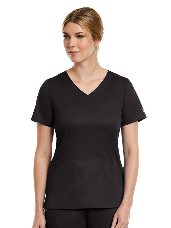 Maevn Matrix Curved Mock Wrap Stretchy Scrub Top 3701