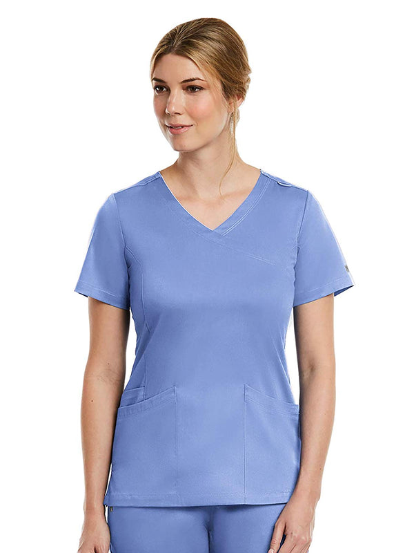 Maevn Matrix Curved Mock Wrap Stretchy Scrub Top 3701
