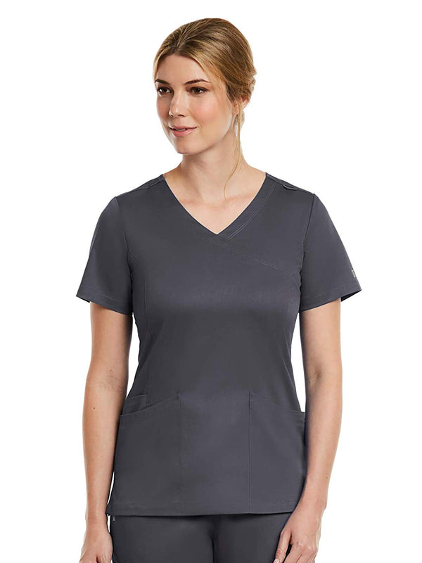 Maevn Matrix Curved Mock Wrap Stretchy Scrub Top 3701