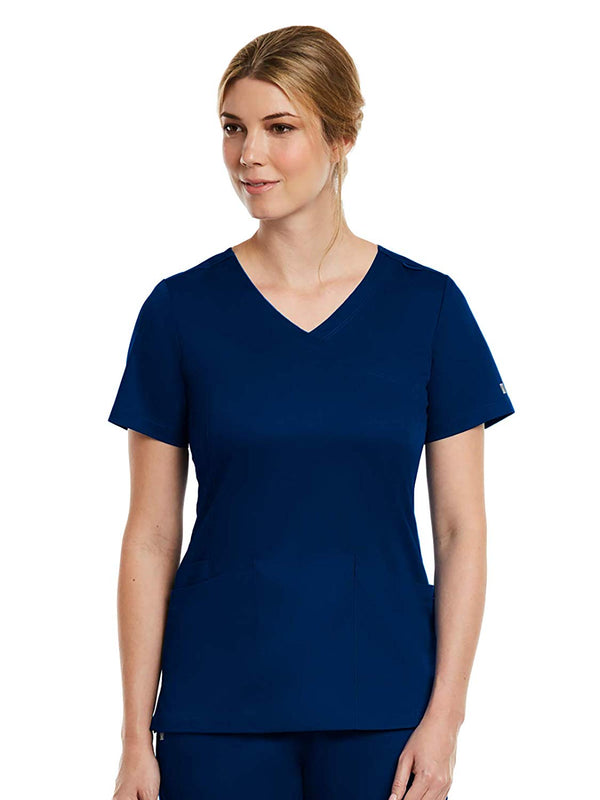 Maevn Matrix Curved Mock Wrap Stretchy Scrub Top 3701