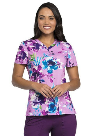 Cherokee 3-Pocket V-Neck Print Scrub Top Blissfully In Bloom CK646 BBNM