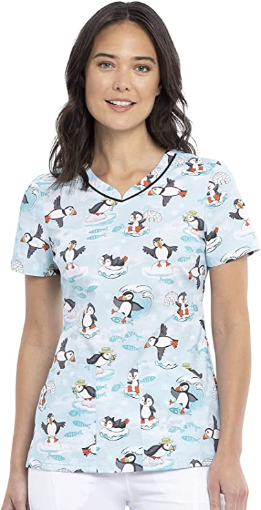 Cherokee 3-Pocket V-Neck Print Scrub Top Genuine Artic Pals CK646 ARPL
