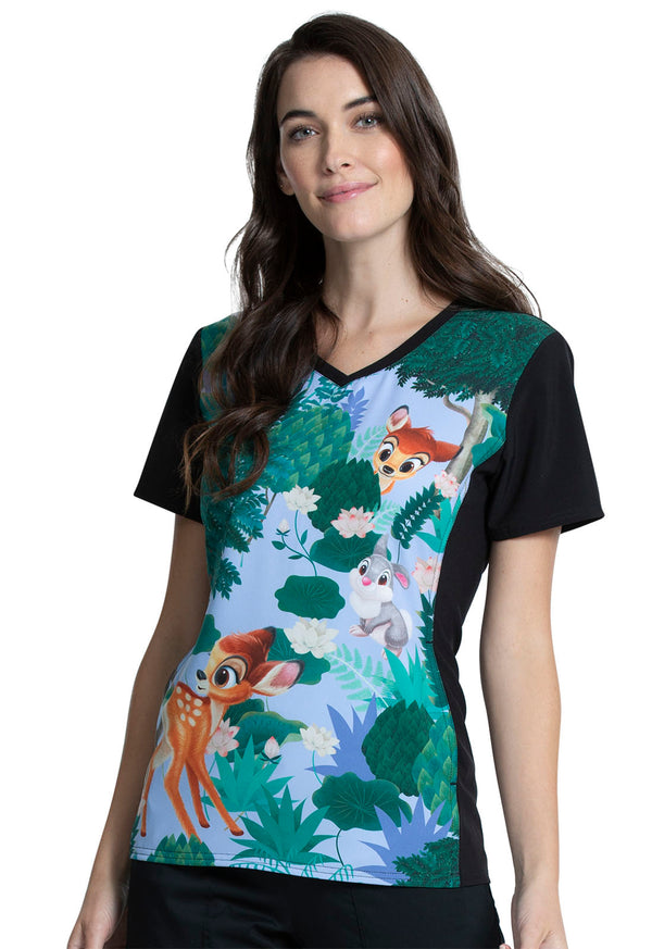 Tooniforms Disney Forest Frolic Women's 1-Pocket V-Neck Print Scrub Top TF627 BAAU