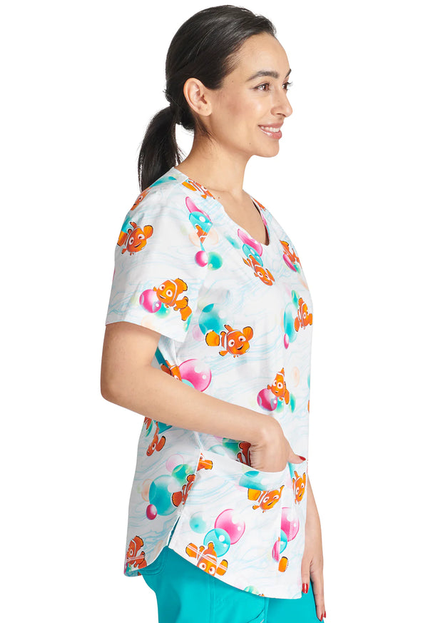 Tooniforms Disney's Finding Nemo Bubbles Women's 2-Pocket STRETCH V-Neck Print Scrub Top
