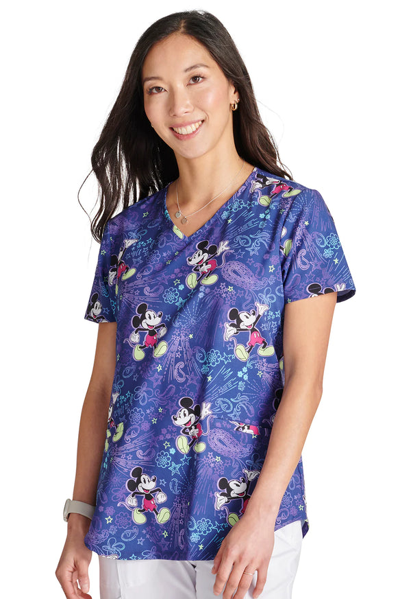 Tooniforms Bandana Land Mickey (MKBN) Women's 2-Pocket STRETCH V-Neck Print Scrub Top