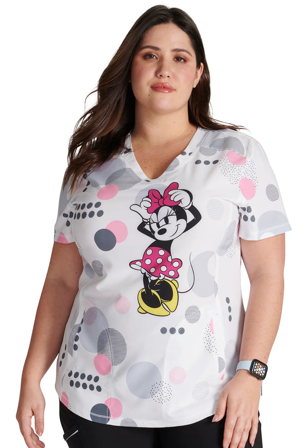 Tooniforms Running In Circles Minnie Mouse Women's 2-Pocket STRETCH V-Neck Print