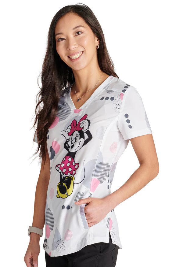 Tooniforms Running In Circles Minnie Mouse Women's 2-Pocket STRETCH V-Neck Print