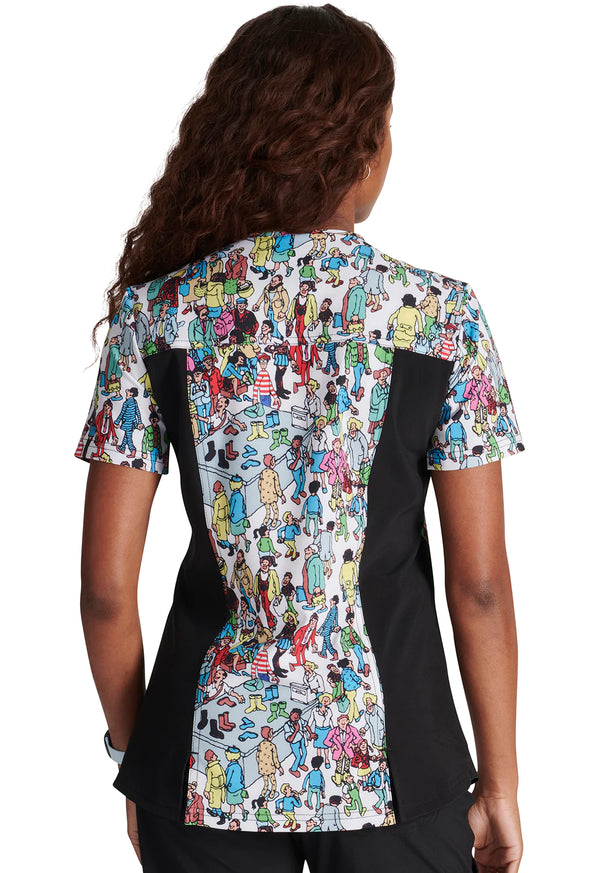 Tooniforms Where's Waldo? Women's 2-Pocket STRETCH V-Neck Print Scrub Top