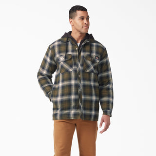 Buy dark-olive-black-plaid Dickies Fleece Hooded Flannel Shirt Jacket with Hydroshield